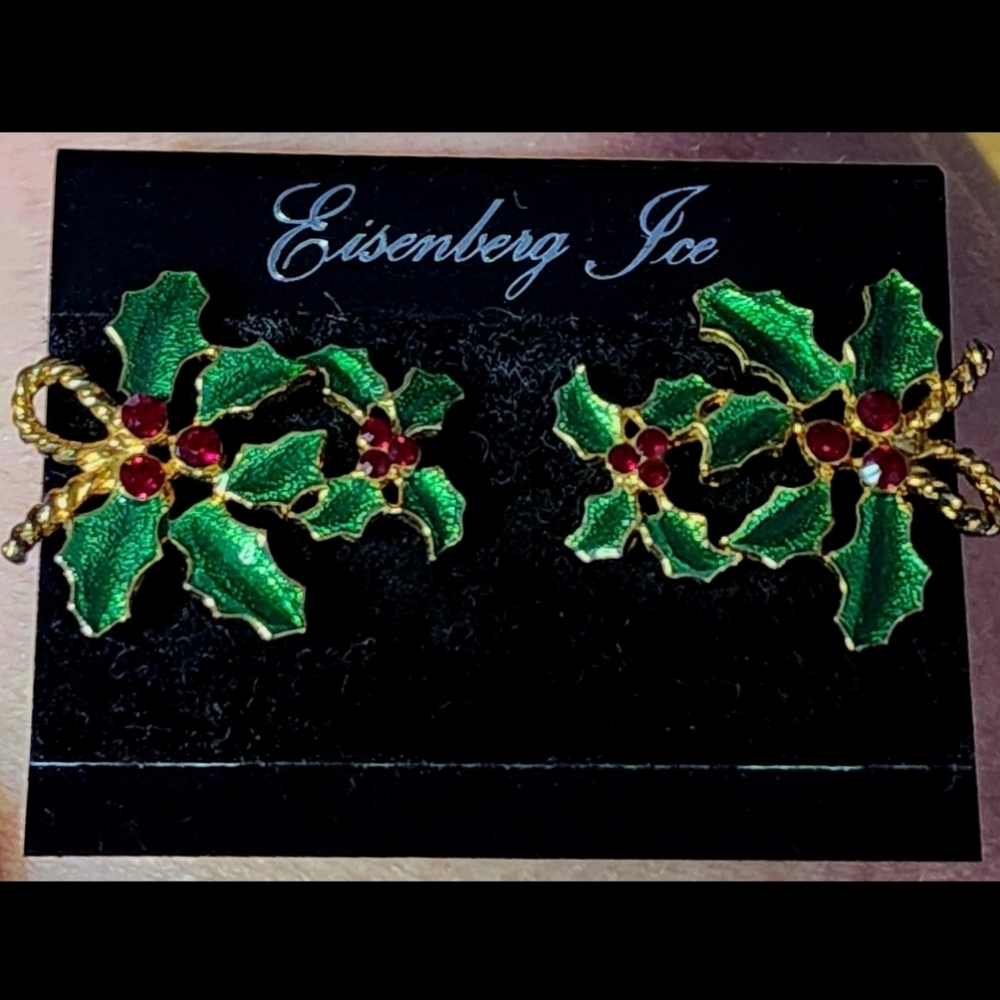 VTG Eisenberg Ice Christmas Holiday Earrings Rhinestone Green Enamel 1.25”